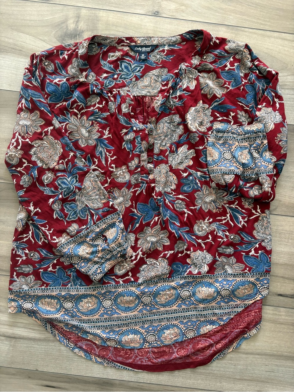 Lucky Brand Burgundy Floral Paisley Long Sleeve Henley Top Size M